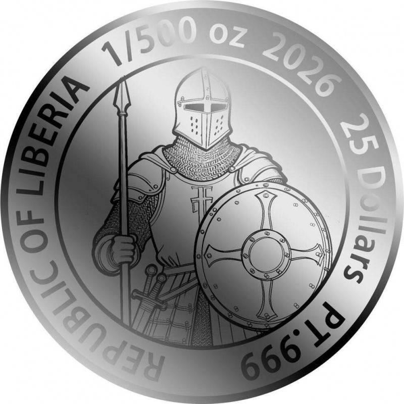 Knight Plate Armour 1/500 oz .999 Platinum Coin Liberia 2026 Card GOLD AND SILVER BULLION