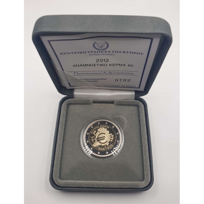 CYPRUS 2012 2 EURO PROOF 10 YEARS OF EURO IN ORIGINAL CASE WITH COA WORLD COINS