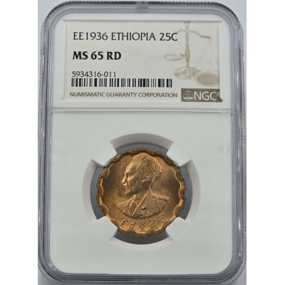 Ethiopia Haile Selassie I 25 Santeem 1944 coin NGC MS65 RD