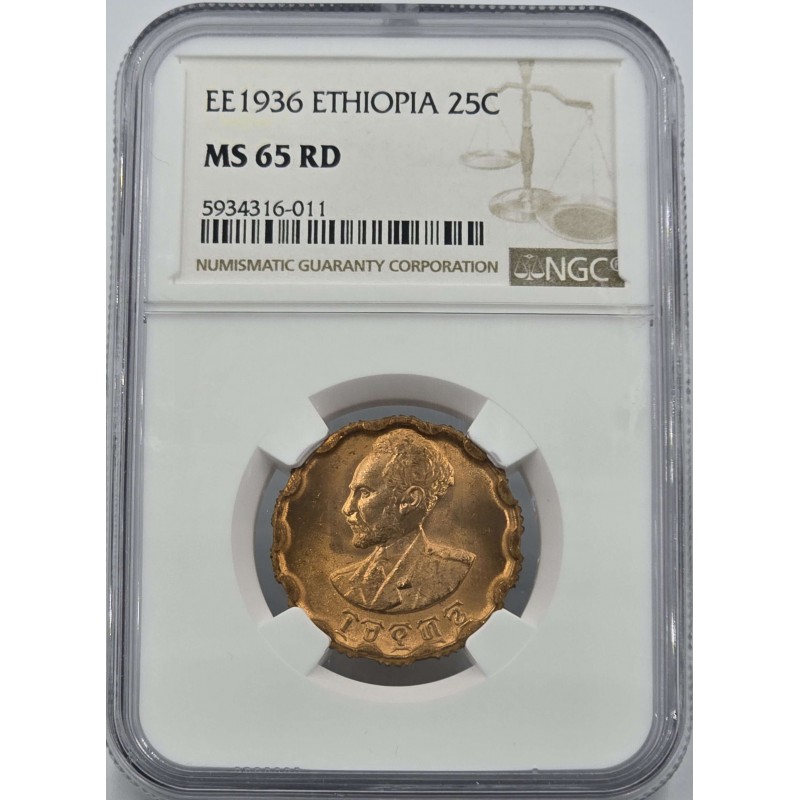 Ethiopia Haile Selassie I 25 Santeem 1944 coin NGC MS65 RD WORLD COINS