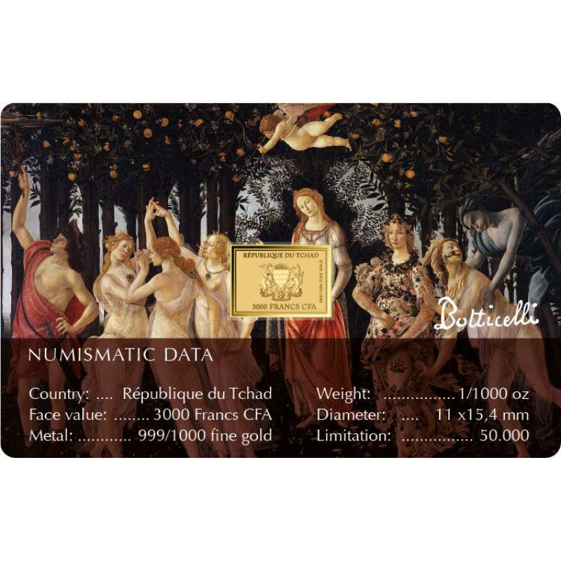 Botticelli Paintings Spring 1/1000 Oz Gold Coin 3000 Francs Chad 2024 GOLD AND SILVER BULLION