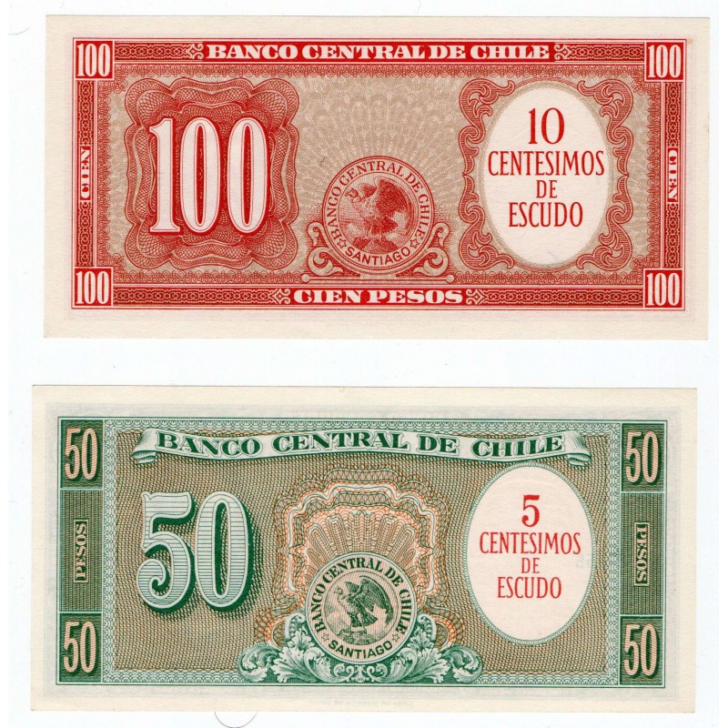 CHILE 100 AND 50 PESOS BANKNOTES 1961 UNC p126-127 WORLD BANKNOTES