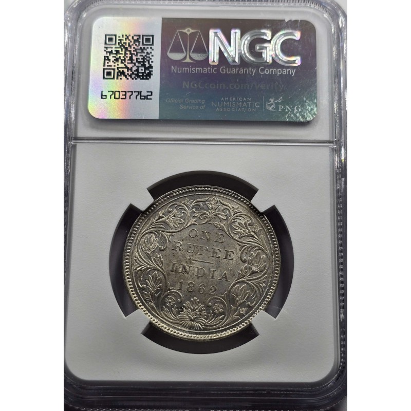 British India Silver 1 rupee 1862 B Victoria Gothic style NGC MS62 WORLD COINS