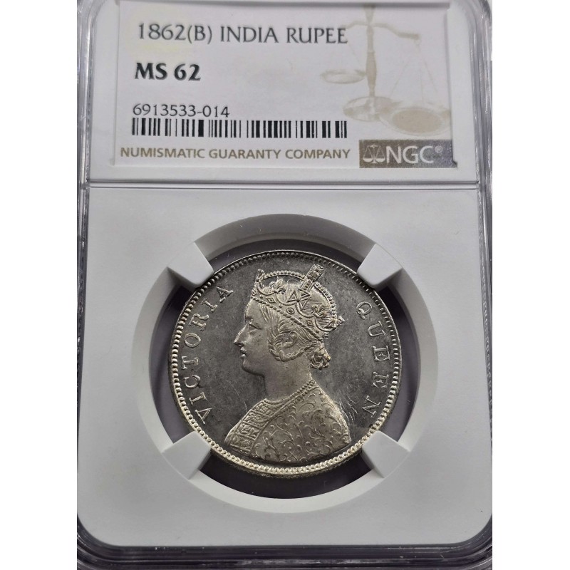 British India Silver 1 rupee 1862 B Victoria Gothic style NGC MS62 WORLD COINS