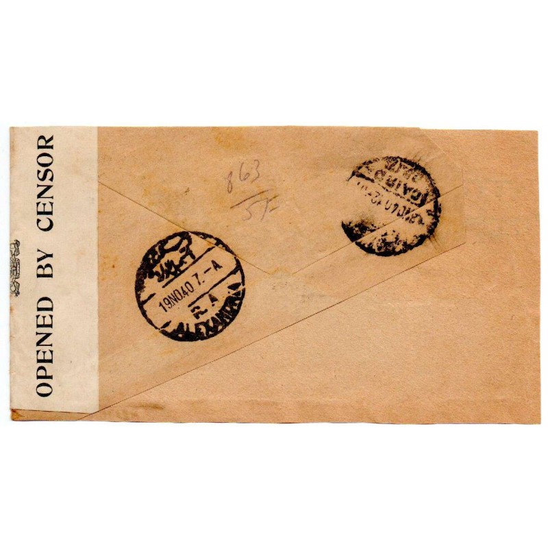 CYPRUS POSTAL HISTORY - KGVI 1940 CENSORED PASSED OPEN BY CENSOR 4 & ALEXANDRIA CENSOR 77 COVER CYPRUS TO EGYPT CYPRUS STAMPS