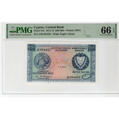 CYPRUS 250 MILS 1973 BANKNOTE PMG 66 EPQ P41b