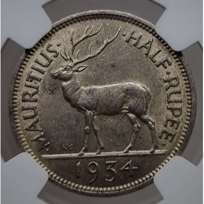 Mauritius 1/2 Rupee Silver coin 1934 NGC AU58