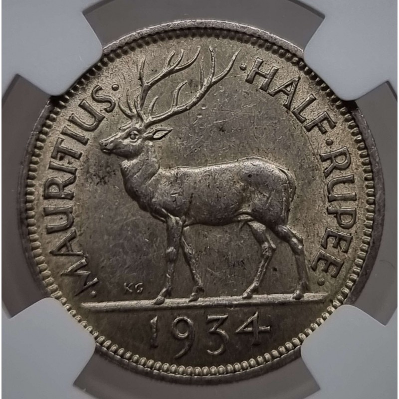 Mauritius 1/2 Rupee Silver coin 1934 NGC AU58 WORLD COINS