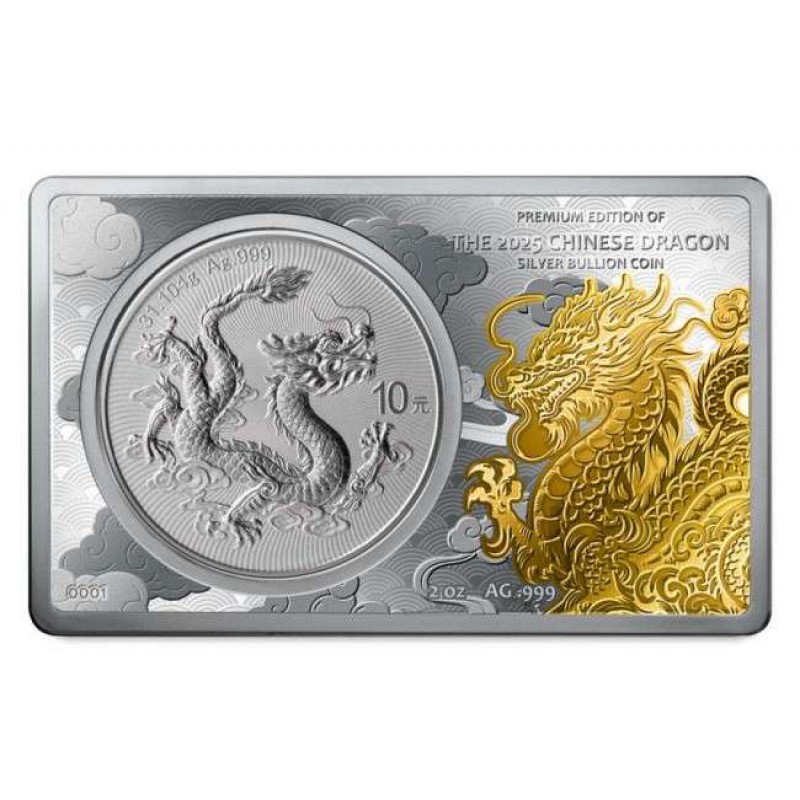 CHINESE DRAGON 2025 COIN IN BAR 3 oz Silver Premium Gold Glided Set GOLD AND SILVER BULLION
