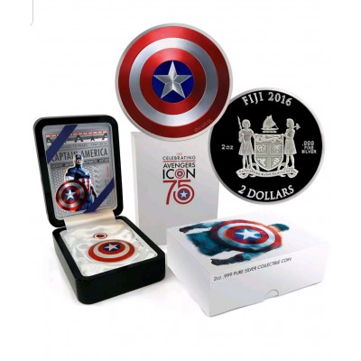 2016 $2 CAPTAIN AMERICA SHIELD, 75TH ANNIVERSARY SILVER 2 OZ FIJI