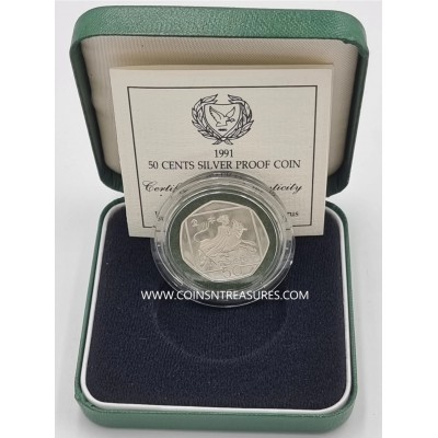 CYPRUS 1991 SILVER PROOF 50 CENTS COIN IN OFFICIAL BOX + COA