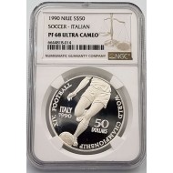 NIUE FOOTBALL WORLD CUP ITALY 1990 SILVER COIN NGC PF68 UCA