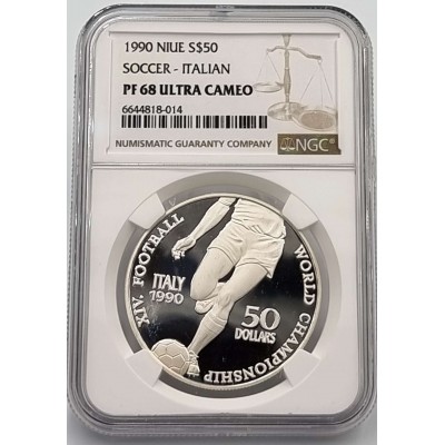 NIUE FOOTBALL WORLD CUP ITALY 1990 SILVER COIN NGC PF68 UCA