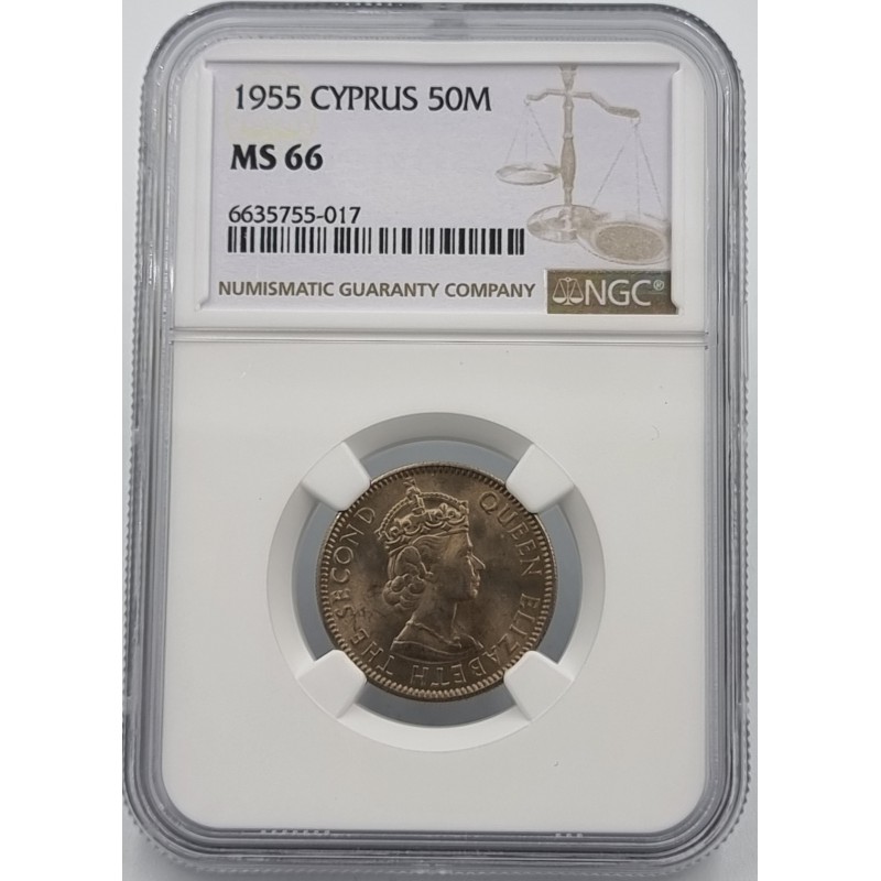 CYPRUS 50 MILS COIN 1955 UNC NGC MS66 WORLD COINS