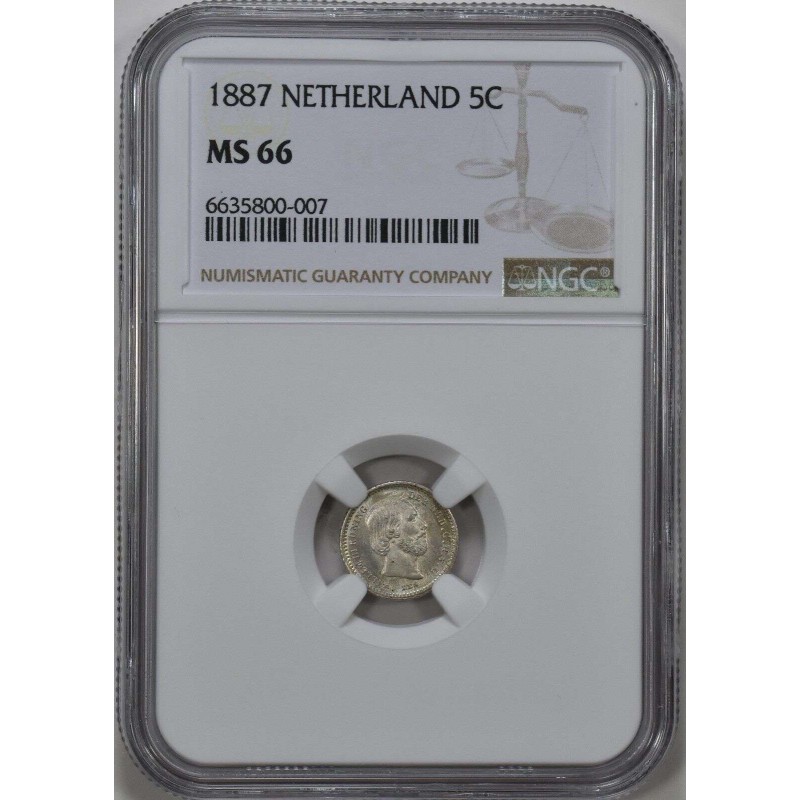 NETHERLANDS SILVER 5 CENTS COIN 1887 WILLIAM III NGC MS66 WORLD COINS
