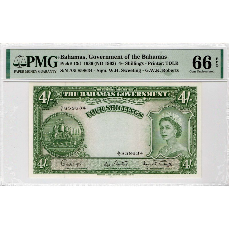 BAHAMAS 1963 10 SHILLINGS QEII P13d PMG 66 EPQ WORLD BANKNOTES