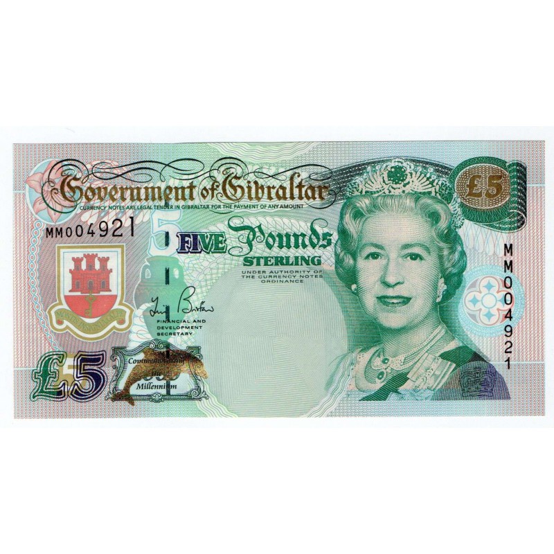GIBRALTAR 5 POUND 1988 P20e BANKNOTE QEII UNC WORLD BANKNOTES