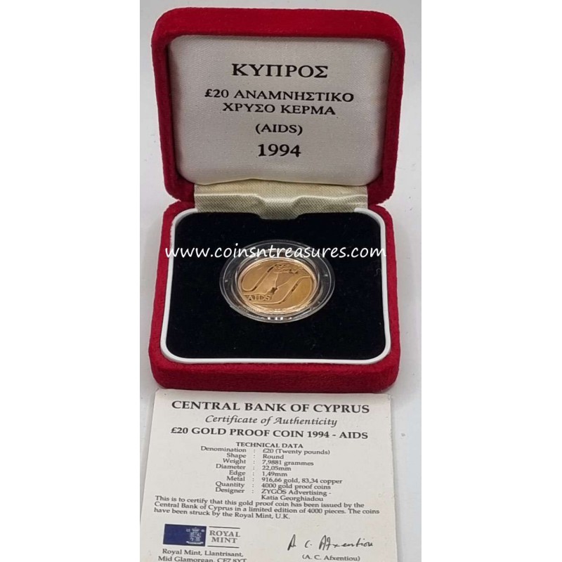 CYPRUS 1994 GOLD PROOF COIN AIDS BOX AND COA WORLD COINS