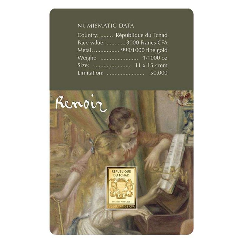 Renoir Young Girls at the Piano 1/1000 Oz Gold Coin 3000 Francs Chad 2024 GOLD AND SILVER BULLION