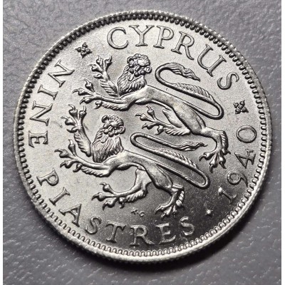 CYPRUS SILVER 9 PIASTRES COINS 1940 TOP UNC
