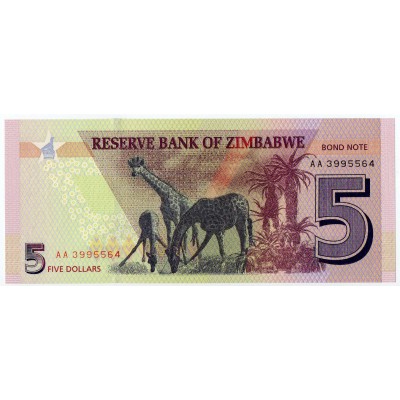 Zimbabwe 5 Dollars 2016 P-100 UNC, Bond Note Giraffe