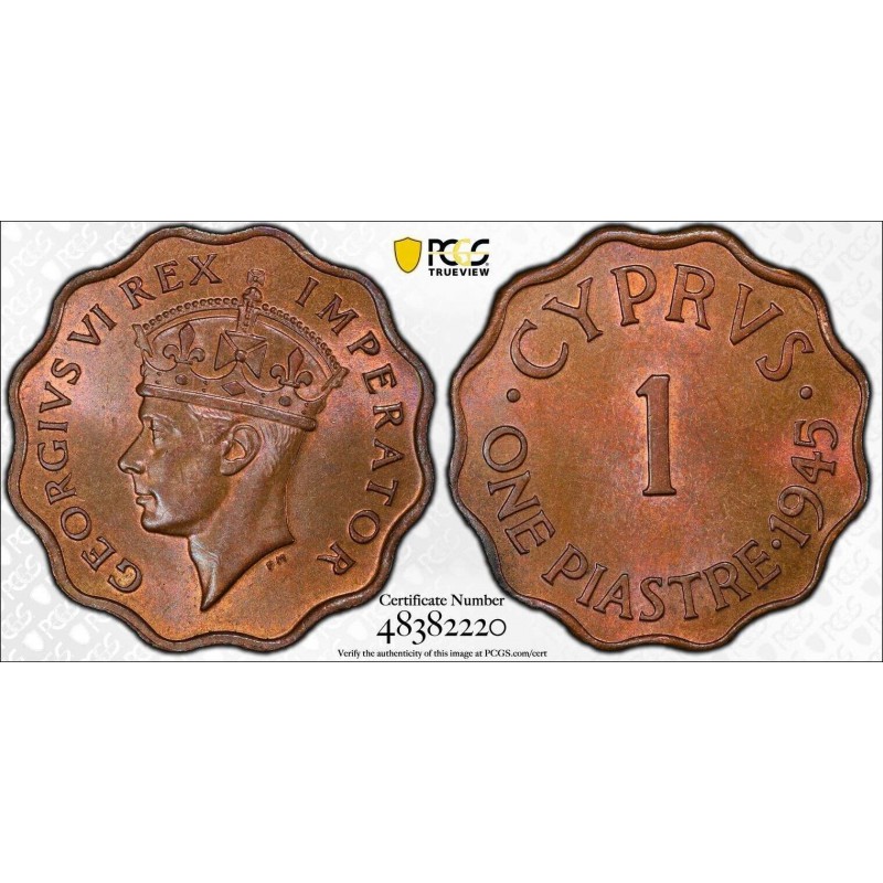 CYPRUS 1 PIASTRE COIN 1945 PCGS MS64+BN WORLD COINS