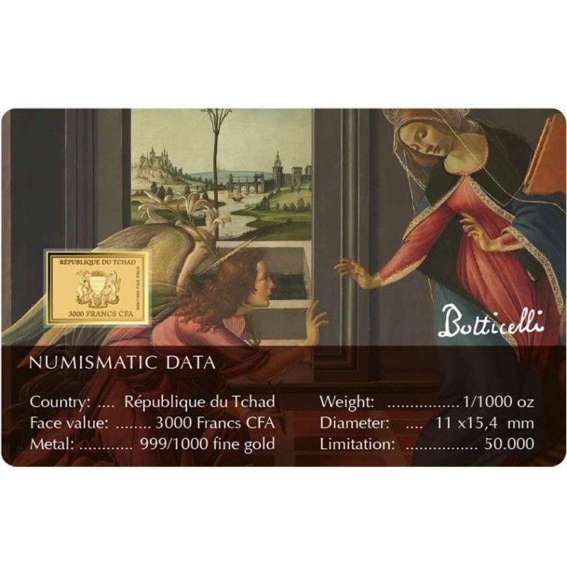 Botticelli Cestello Annunciation 1/1000 Oz Gold Coin 3000 Francs Chad 2024 GOLD AND SILVER BULLION