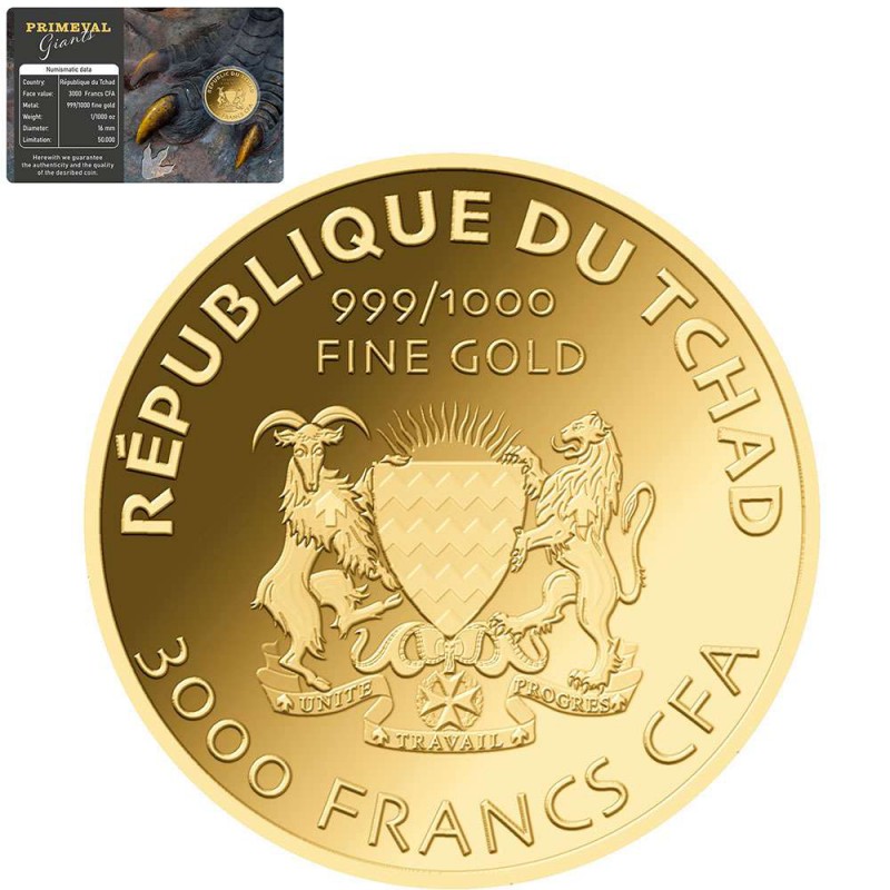TYRANNOSAURUS REX 1/1000 Oz Gold Coin 3000 Francs Chad 2023 GOLD AND SILVER BULLION