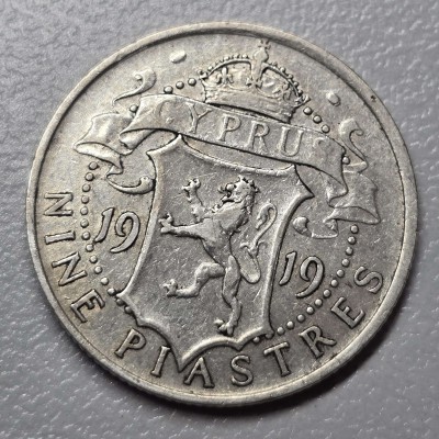 CYPRUS 9 SILVER PIASTRE COIN 1919 IN VF
