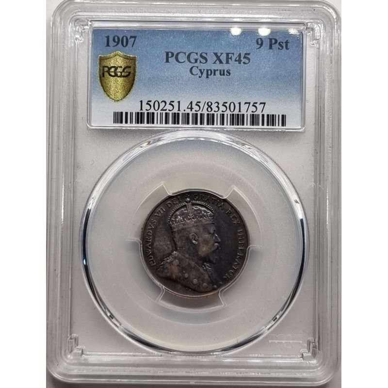 CYPRUS SILVER 9 PIASTRES 1907 KING EDWARD COIN PCGS XF 45 WORLD COINS