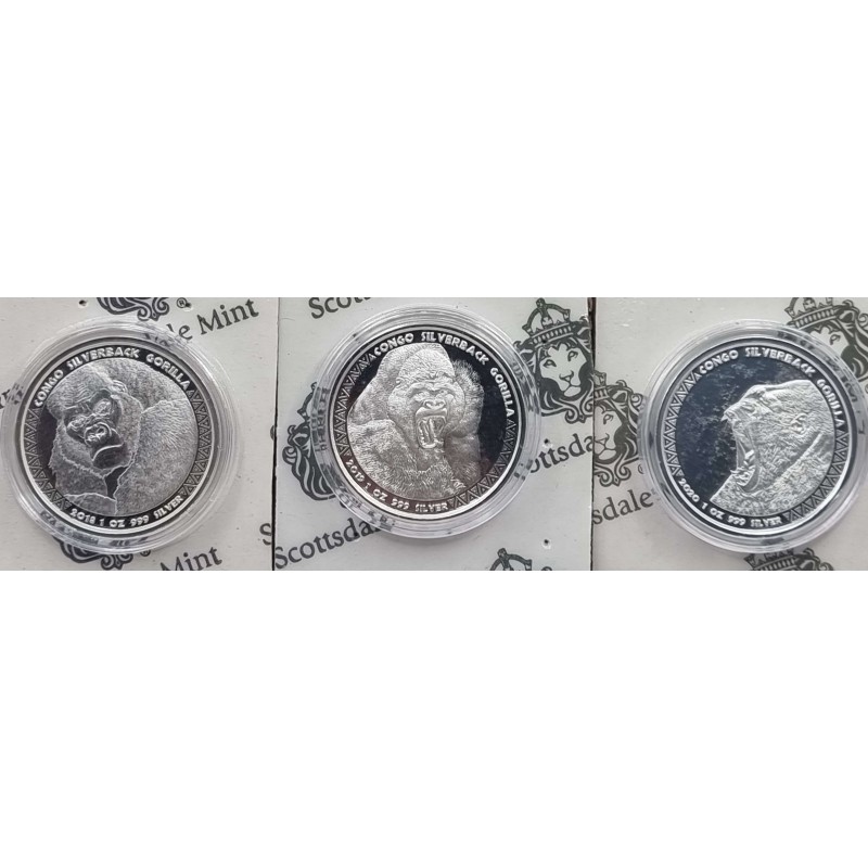 CONGO GORILLA SET OF 6 SILVER 1 OZ COINS 2015 - 2020 Scottsdale Mint GOLD AND SILVER BULLION