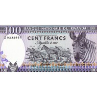 AFRICA RWANDA 1989 100 FRANCS ZEBRA P19 UNC