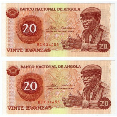 AFRICA ANGOLA 2 CONSECUTIVE 20 KWANZAS 1976 BANKNOTES UNC