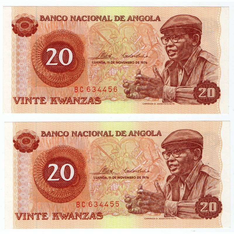 AFRICA ANGOLA 2 CONSECUTIVE 20 KWANZAS 1976 BANKNOTES UNC WORLD BANKNOTES