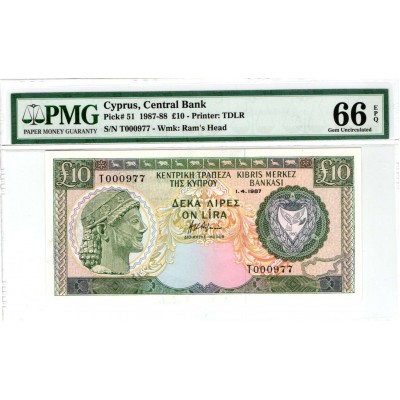 CYPRUS 10 POUNDS 1987 BANKNOTE PMG 66 p51