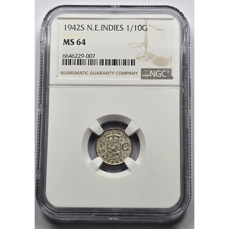 NETHERLANDS 1942 S COIN EAST INDIES 1/10 GULDEN NGC MS64 WORLD COINS