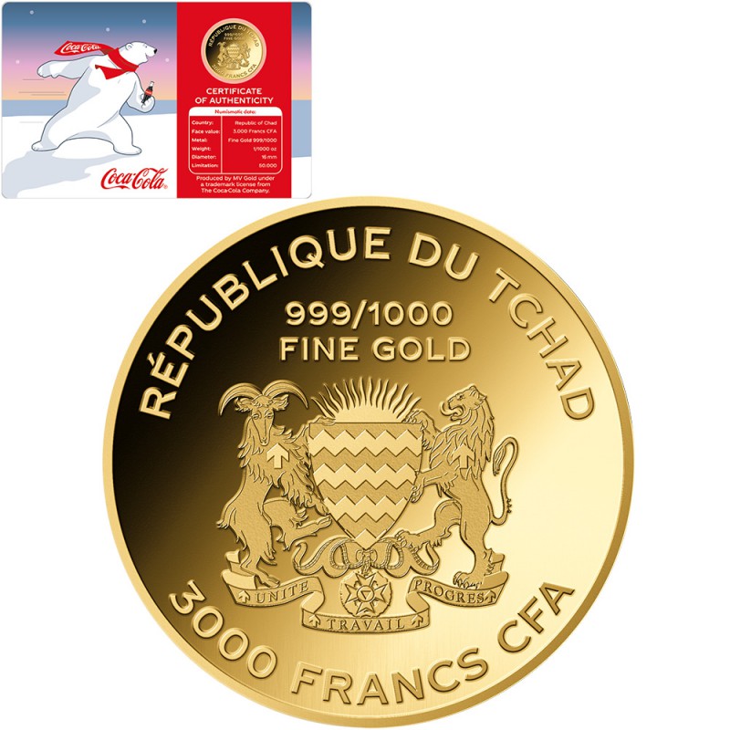 COCA COLA POLAR BEAR 1/1000 Oz Gold Coin 3000 Francs Chad 2023 GOLD AND SILVER BULLION