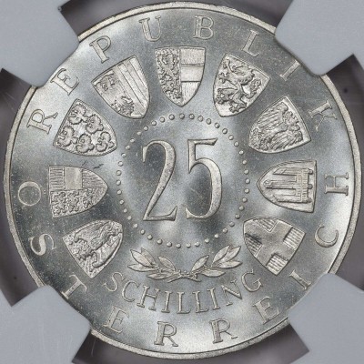 AUSTRIA 1955 SILVER 25 SCHILLING VIENNA THEATER NGC MS67