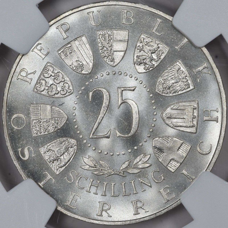AUSTRIA 1955 SILVER 25 SCHILLING VIENNA THEATER NGC MS67 WORLD COINS