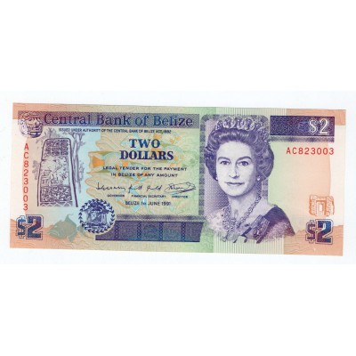 BELIZE 1991 2 DOLLAR QEII P52b UNC QUEEN ELIZABETH II