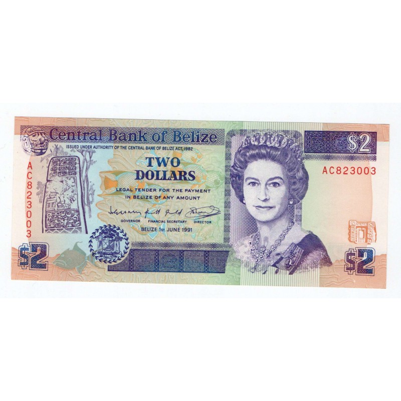 BELIZE 1991 2 DOLLAR QEII P52b UNC QUEEN ELIZABETH II WORLD BANKNOTES
