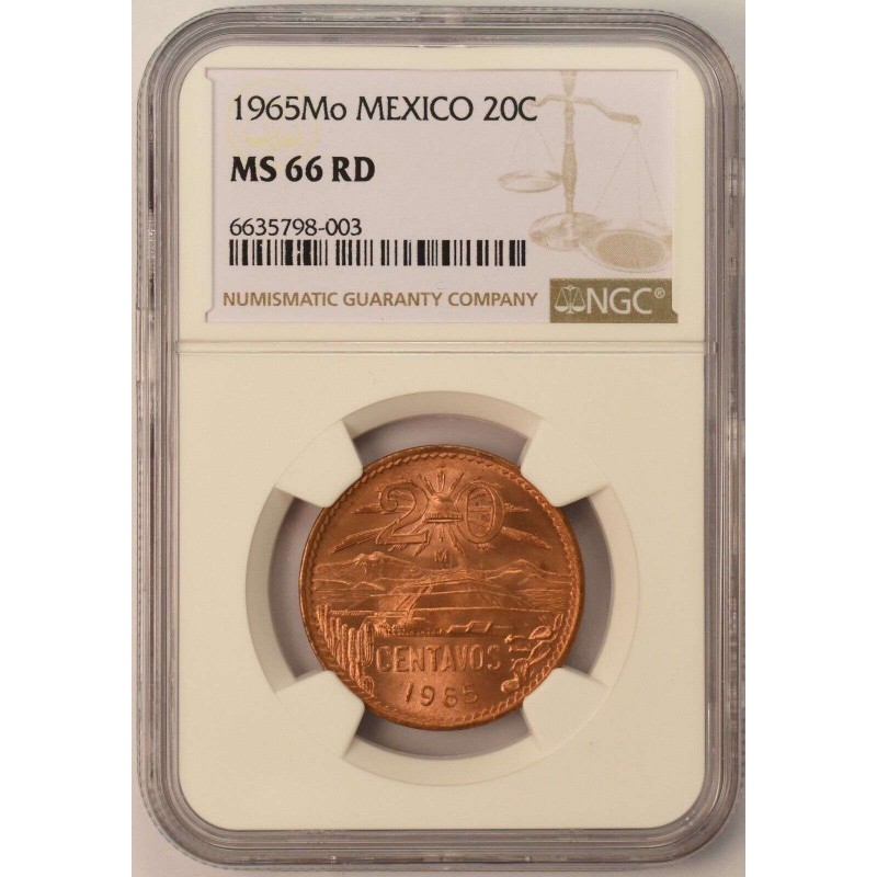 MEXICO 20 CENTAVOS COIN 1965 NGC MS66 RD WORLD COINS