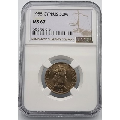 CYPRUS 50 MILS COIN 1955 UNC NGC MS67 POP1