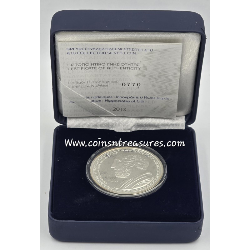 GREECE 2013 SILVER PROOF COIN 10 EURO HIPPOCRATES WORLD COINS