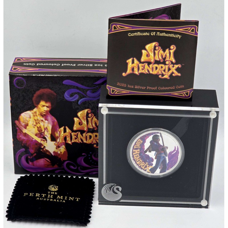 Tuvalu 2025 Jimi Hendrix Silver 1oz .999 Proof Colored Coin GOLD AND SILVER BULLION
