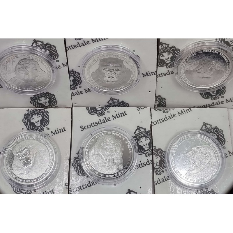 CONGO GORILLA SET OF 6 SILVER 1 OZ COINS 2015 - 2020 Scottsdale Mint GOLD AND SILVER BULLION
