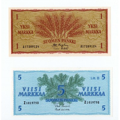 FINLAND 1 AND 5 (Z PREFIX) MARKKA 1963 UNC BANKNOTES p98 p99