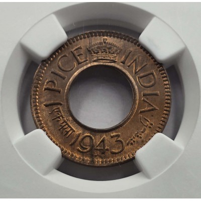 BRITISH INDIA 1 PICE COIN 1943 B KGV NGC MS65RB