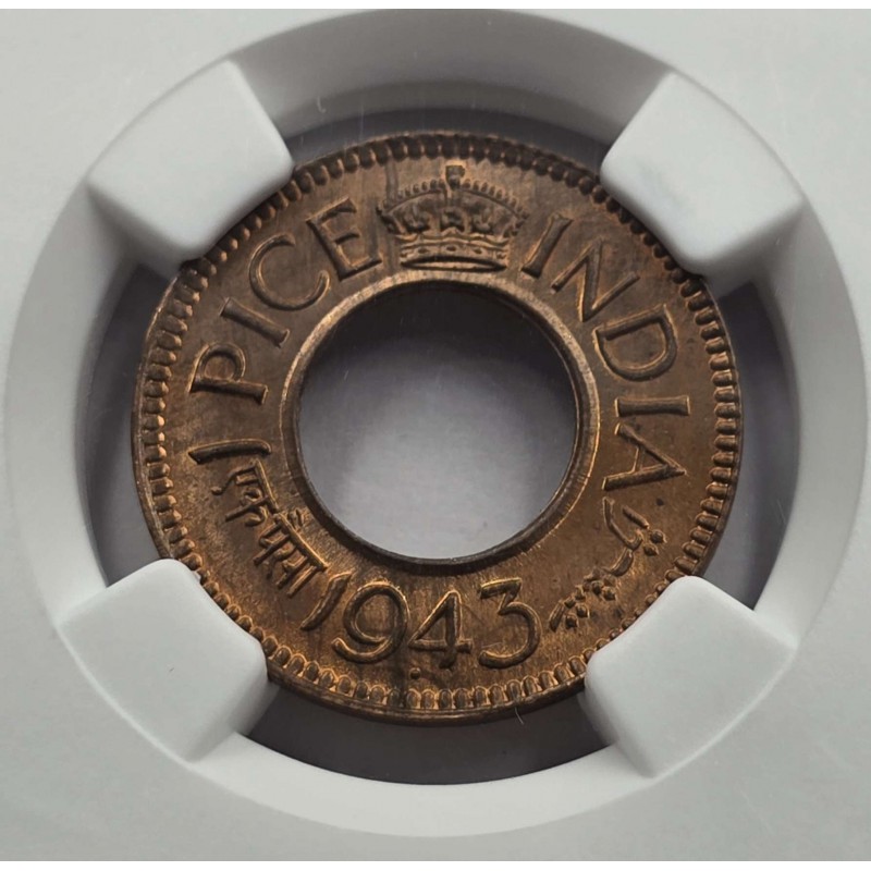 BRITISH INDIA 1 PICE COIN 1943 B KGV NGC MS65RB WORLD COINS