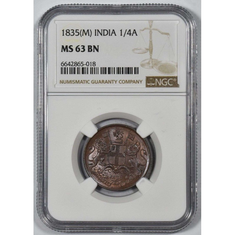 British India 1835 1/4 Anna East India Company NGC MS63 WORLD COINS